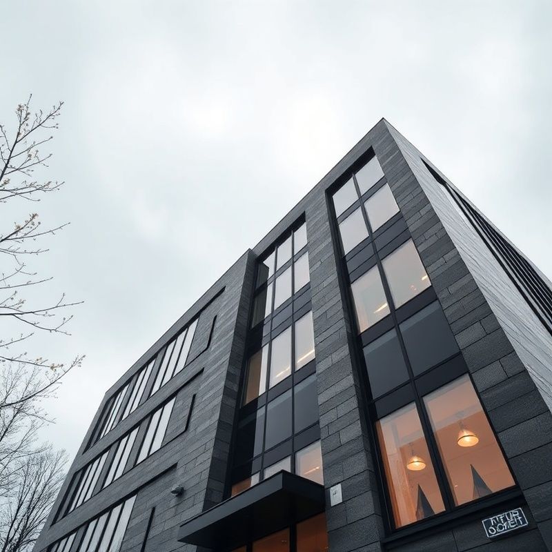 Fațadă modernă de birou cu placare de piatră slate-grey în Cluj-Napoca